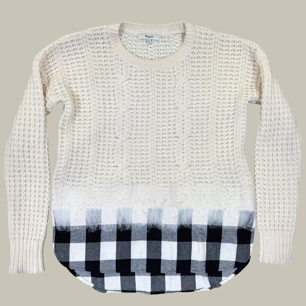 Madewell Sweater Merino Wool Women S Ivory Buffalo Plaid Mixed Media Cable Knit